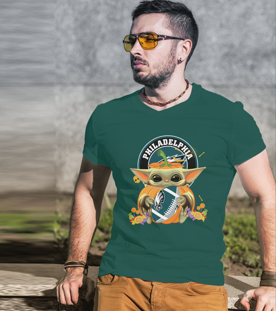 Halloween Pumpkin Baby Yoda Holding Philadelphia Eagles Football T-Shirt