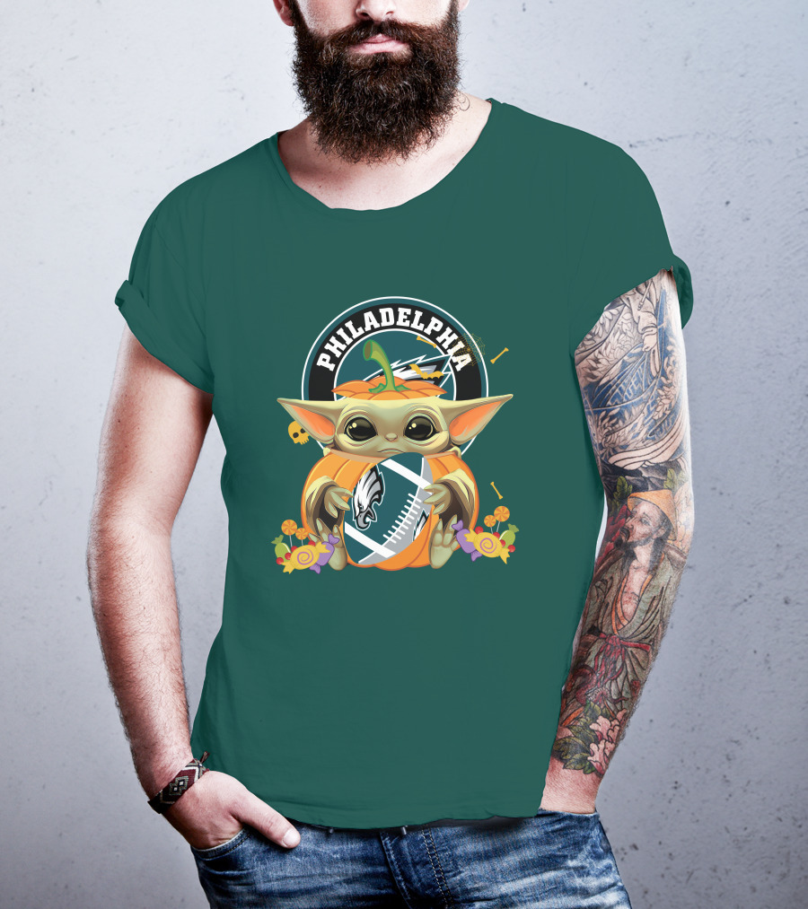 Halloween Pumpkin Baby Yoda Holding Philadelphia Eagles Football T-Shirt