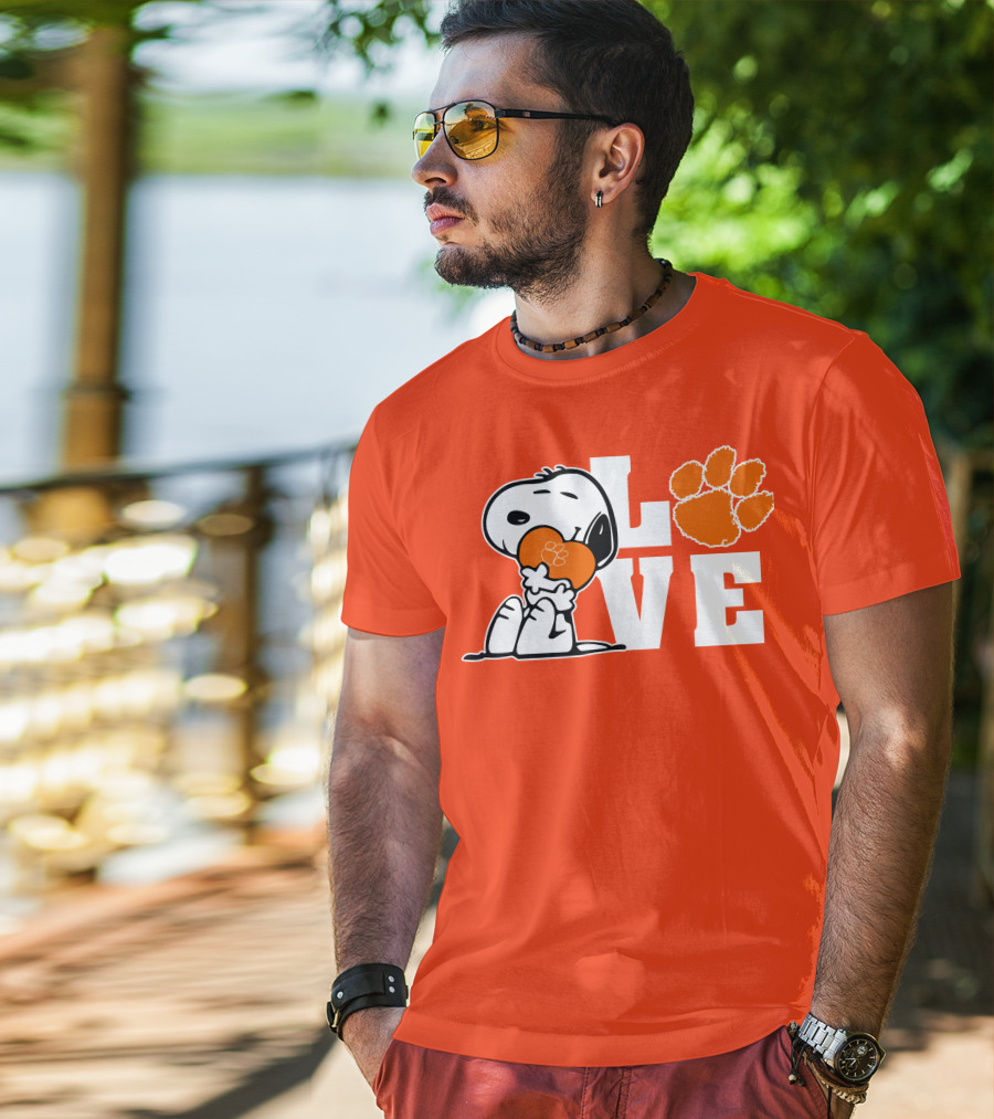 Snoopy Heart Love Clemson Tigers Paw Print T-Shirt