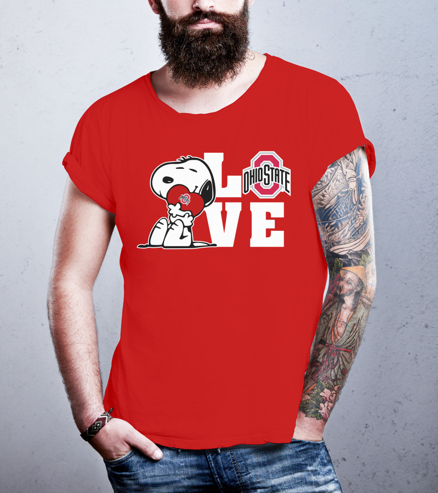 Snoopy Ohio State Buckeyes Love Peanuts Character Holding Heart With Buckeyes T-Shirt