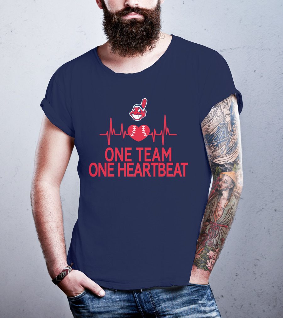 Cleveland Indians One Team One Heartbeat Baseball Heartbeat Line Chief Wahoo T-Shirt