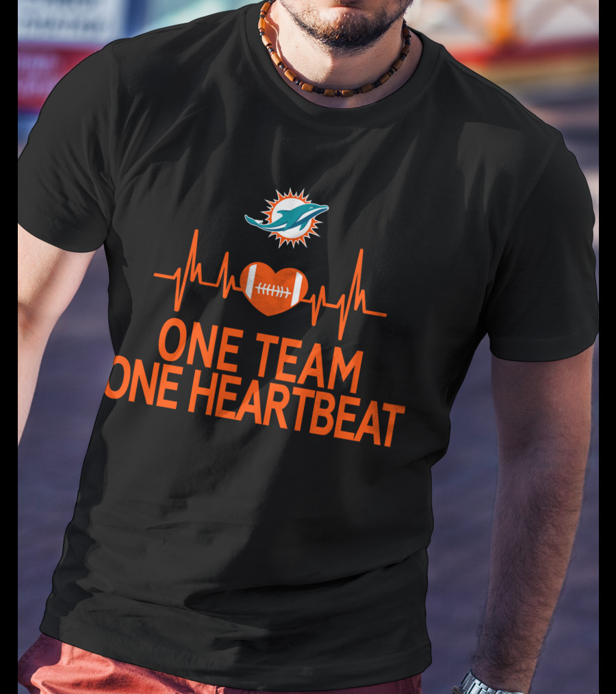 Miami Dolphins One Team One Heartbeat Football Heartbeat Line T-Shirt
