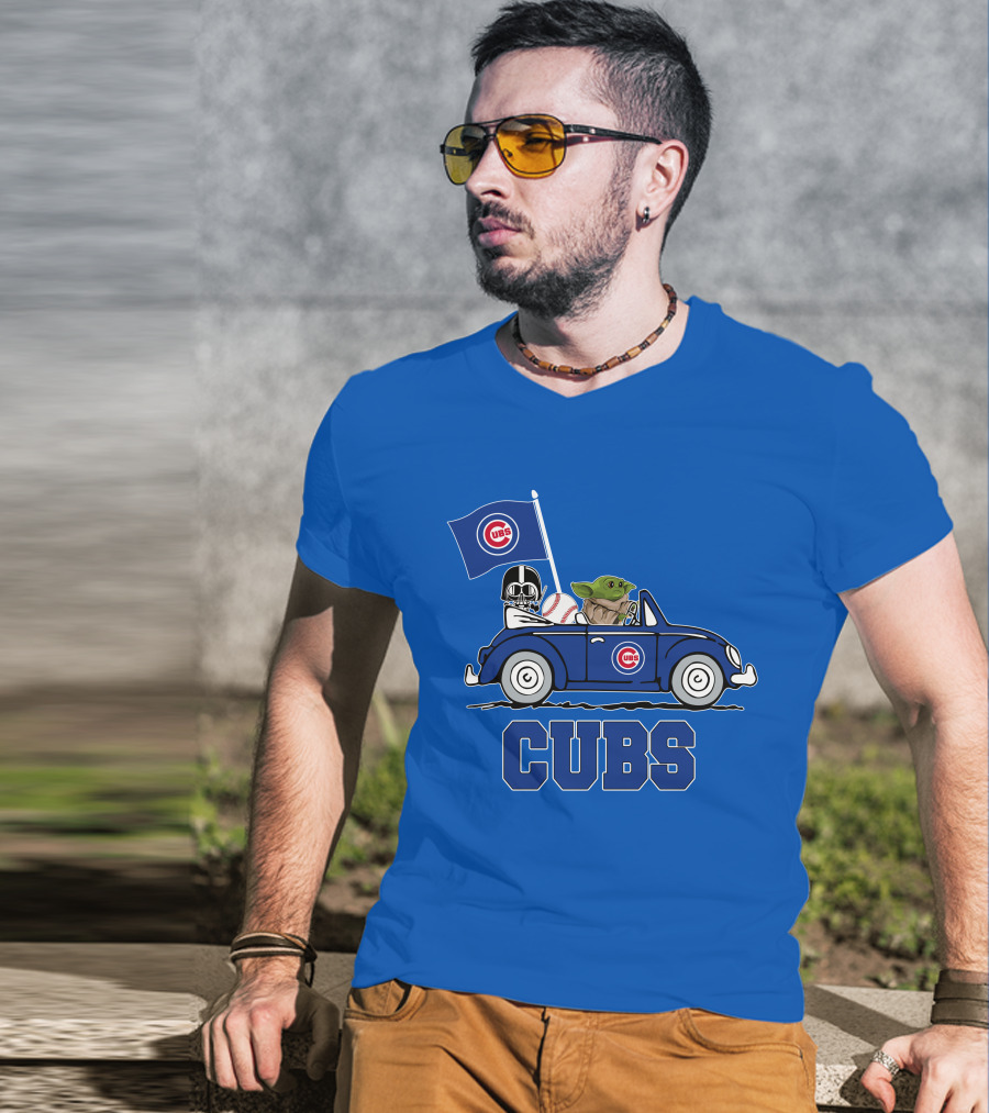 Chicago Cubs Darth Vader Baby Yoda Driving Star Wars Crossover T-Shirt