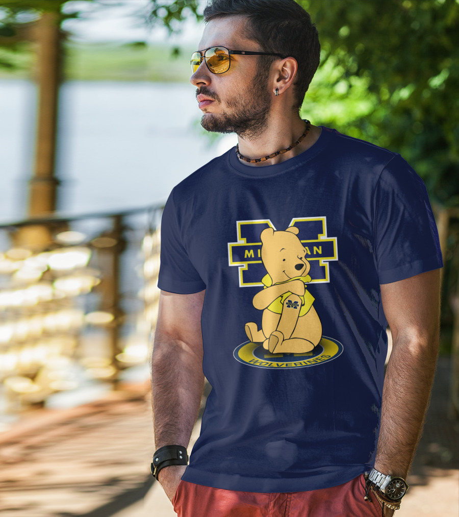 Michigan Wolverines Pooh Bear Sitting On Logo Badge T-Shirt