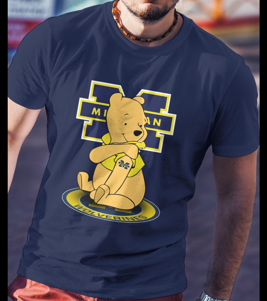 Michigan Wolverines Pooh Bear Sitting On Logo Badge T-Shirt
