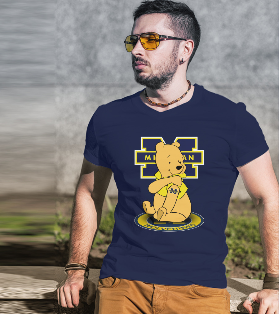 Michigan Wolverines Pooh Bear Sitting On Logo Badge T-Shirt