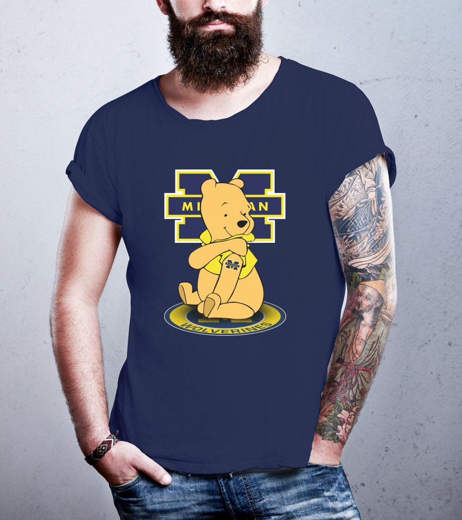 Michigan Wolverines Pooh Bear Sitting On Logo Badge T-Shirt