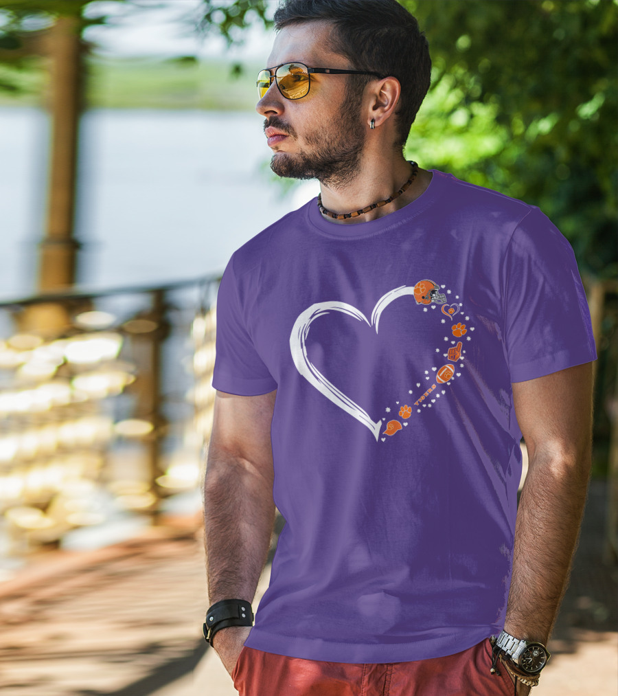 Clemson Tigers Heart Helmet Paws Football Fan Love T-Shirt