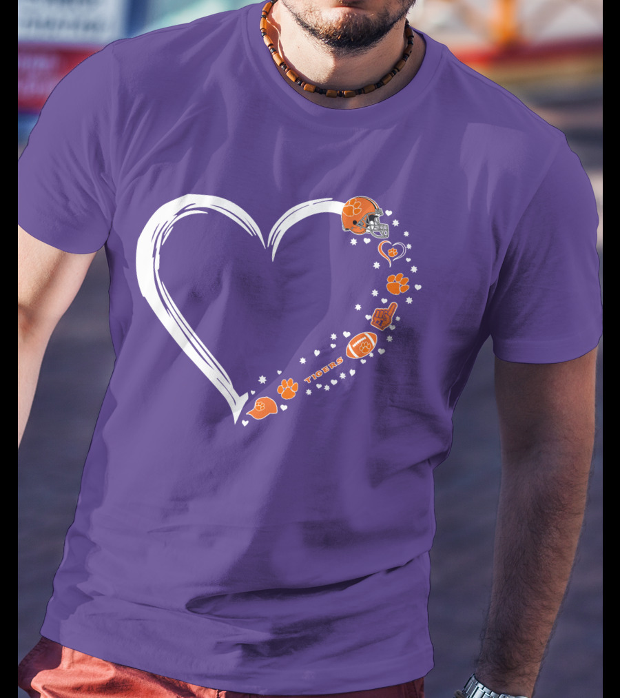 Clemson Tigers Heart Helmet Paws Football Fan Love T-Shirt