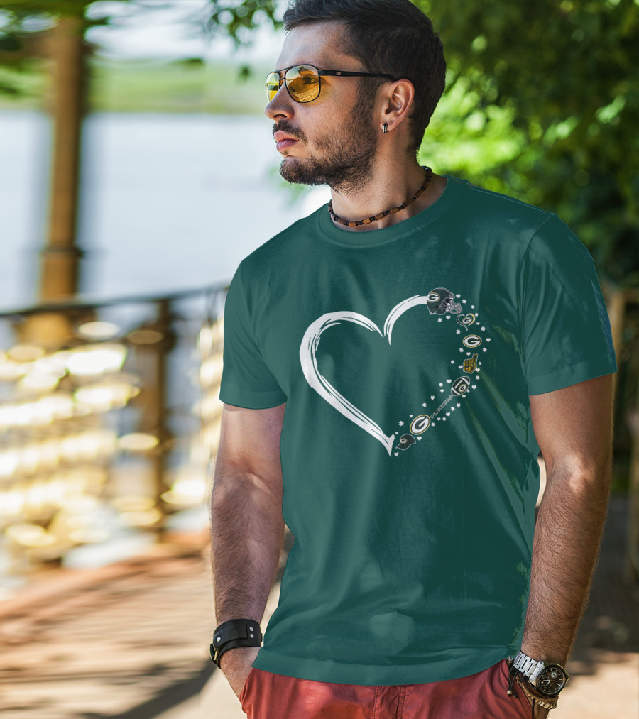 Green Bay Packers Heart With Logos And Helmet T-Shirt