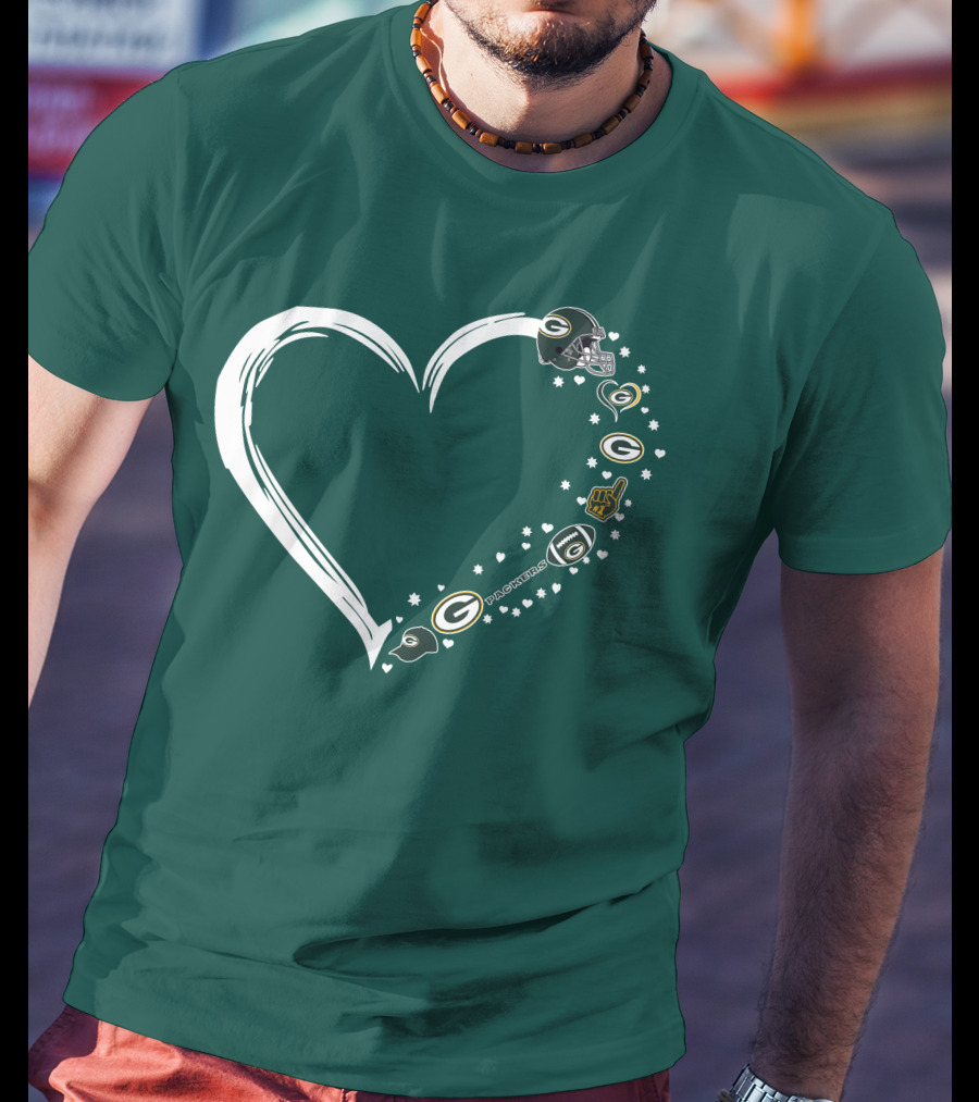 Green Bay Packers Heart With Logos And Helmet T-Shirt