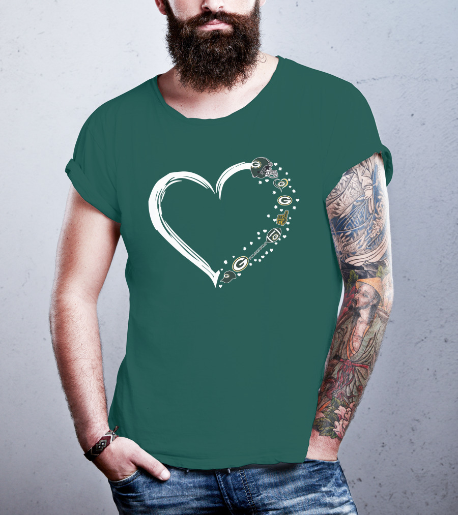 Green Bay Packers Heart With Logos And Helmet T-Shirt
