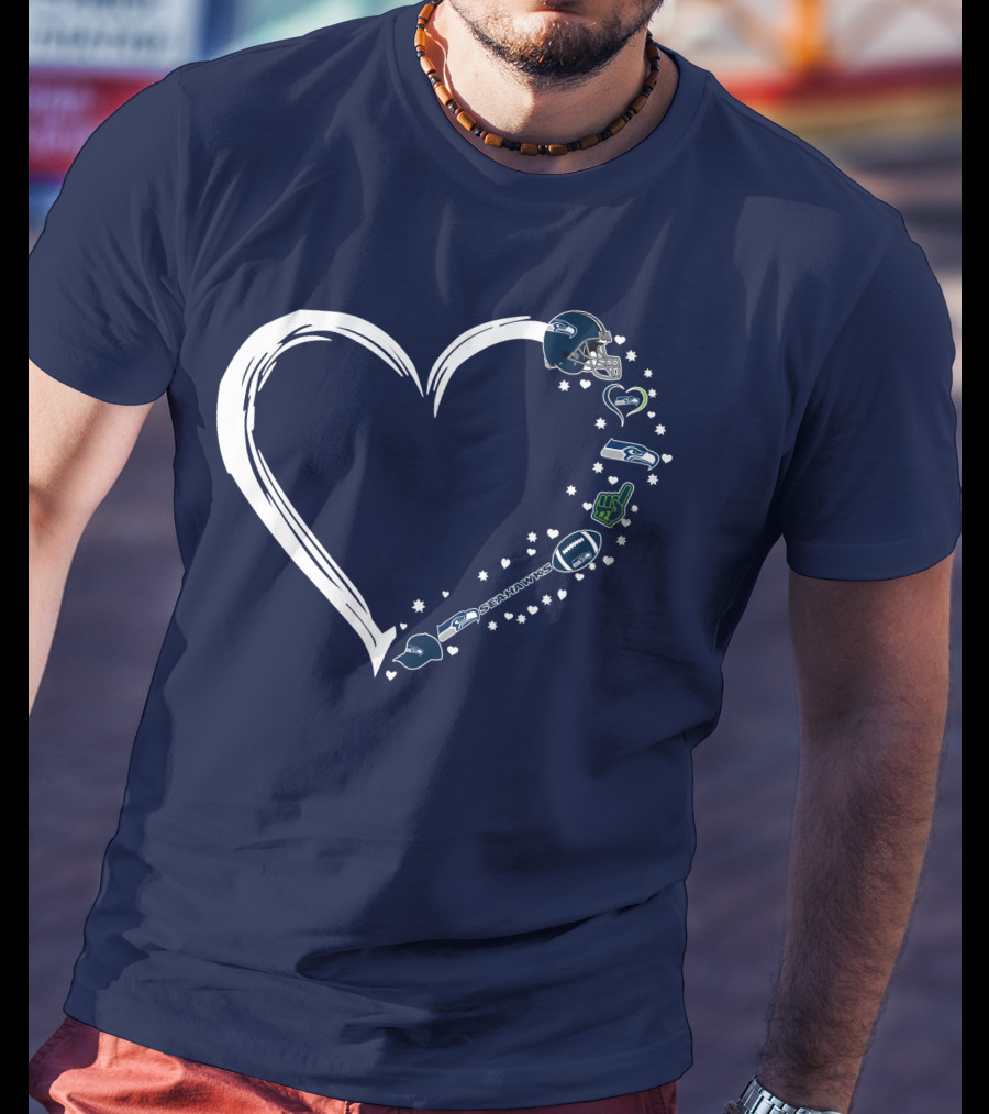 Seattle Seahawks Love Heart With Helmet And Football Symbols T-Shirt