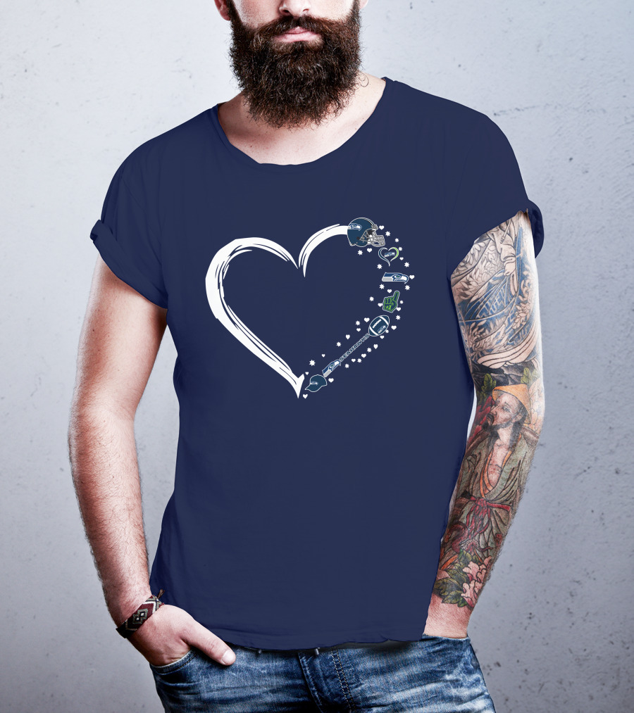 Seattle Seahawks Love Heart With Helmet And Football Symbols T-Shirt