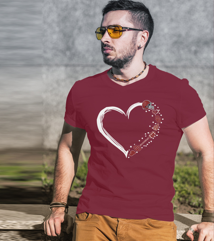 Oklahoma Sooners Heart Design With Helmets And Footballs T-Shirt