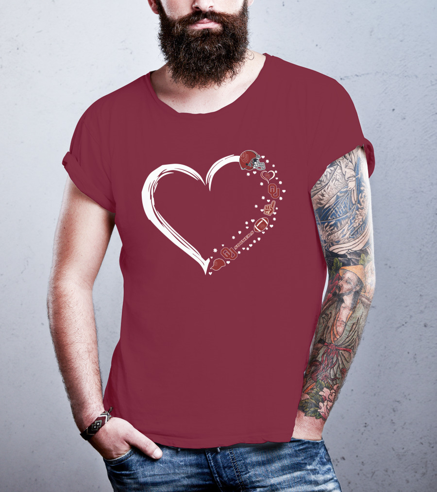 Oklahoma Sooners Heart Design With Helmets And Footballs T-Shirt