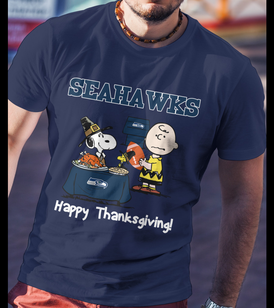 Seattle Seahawks Snoopy Charlie Brown Happy Thanksgiving T-Shirt