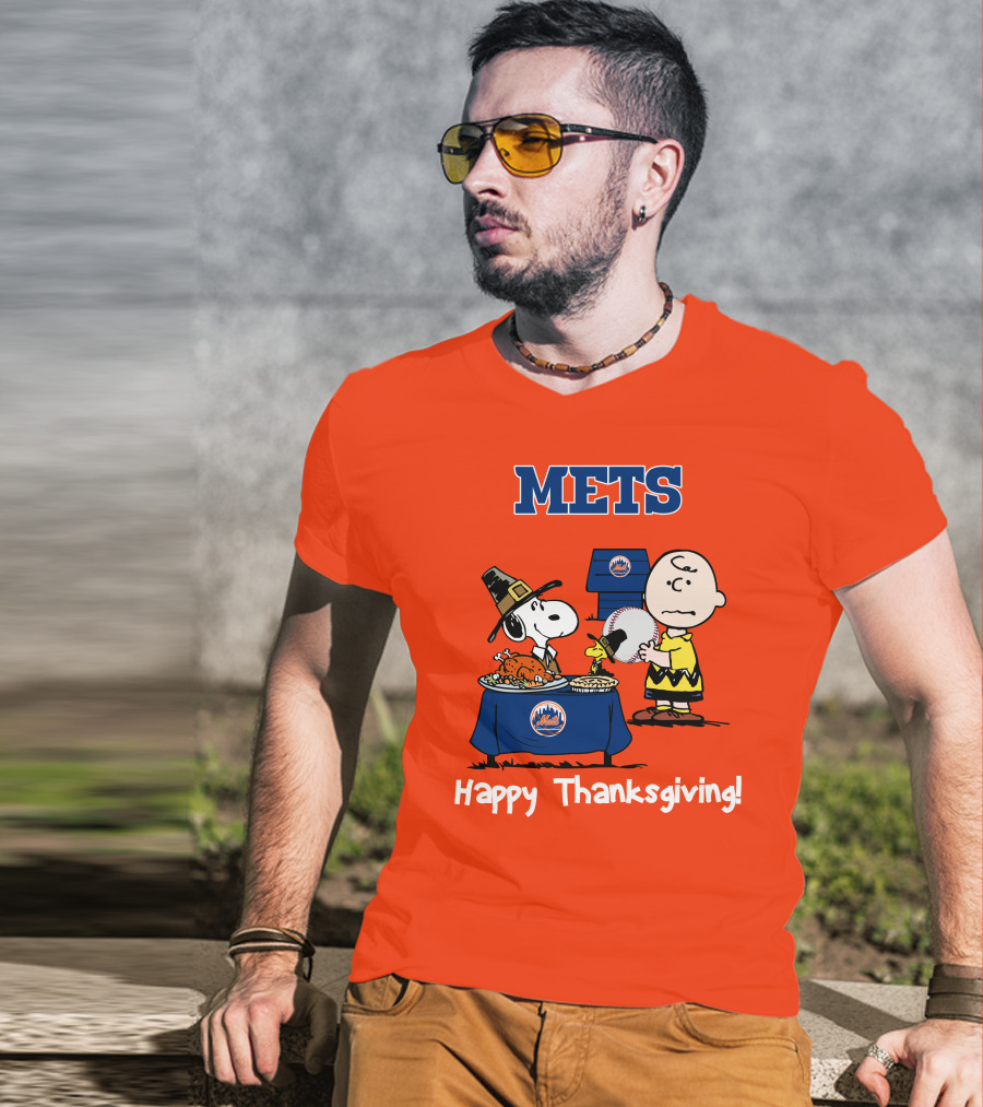 Mets Snoopy Charlie Brown Happy Thanksgiving Baseball Feast T-Shirt