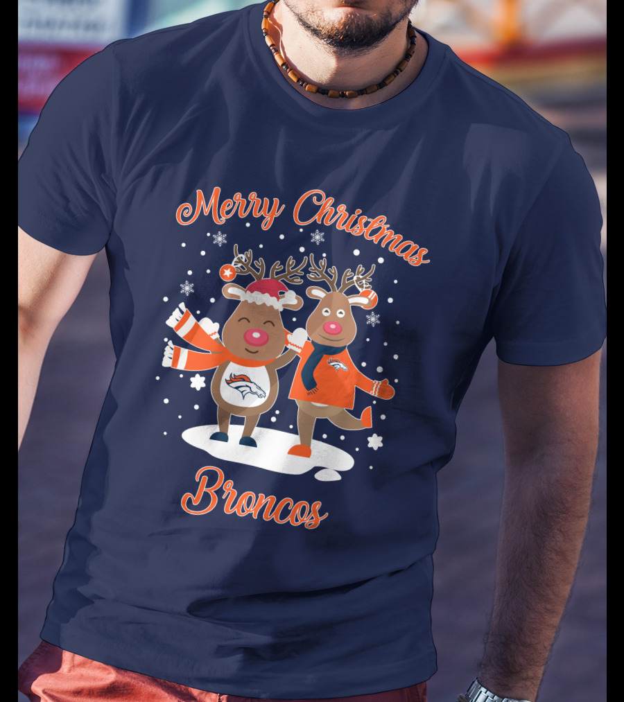 Merry Christmas Broncos Reindeer Snowflakes T-Shirt