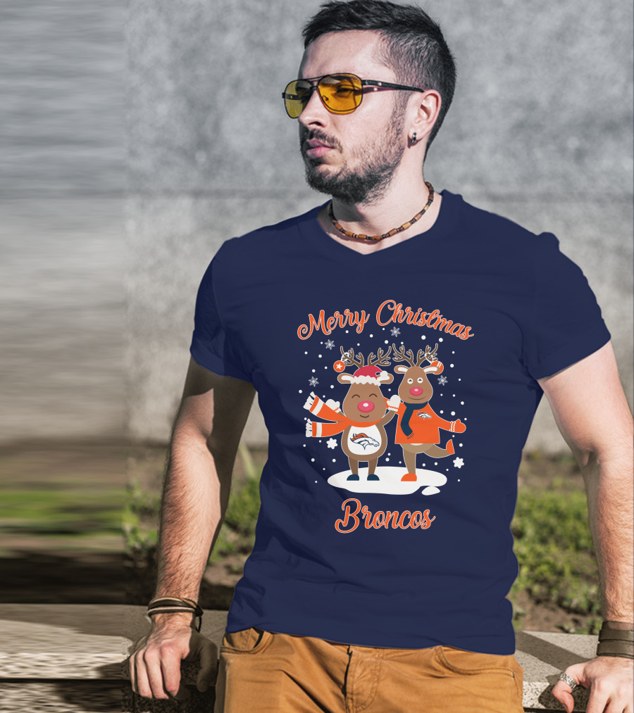 Merry Christmas Broncos Reindeer Snowflakes T-Shirt