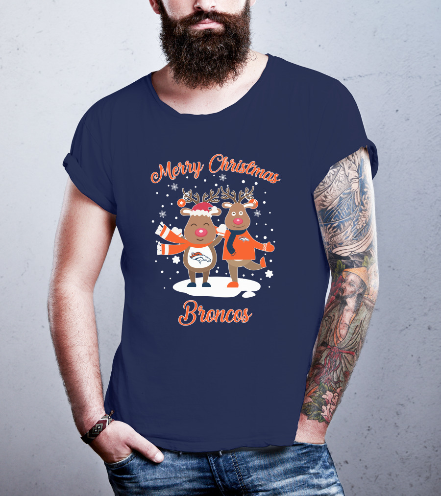 Merry Christmas Broncos Reindeer Snowflakes T-Shirt