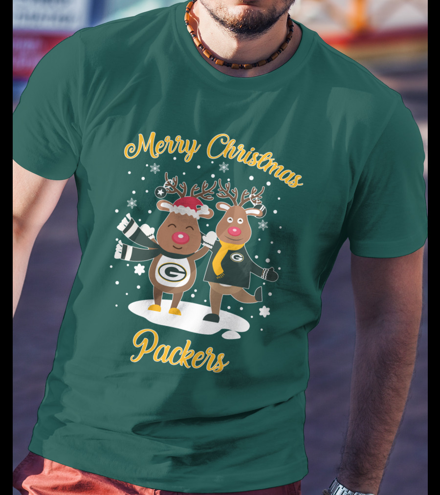 Merry Christmas Packers Reindeer With Green Bay Logo Winter Scene T-Shirt