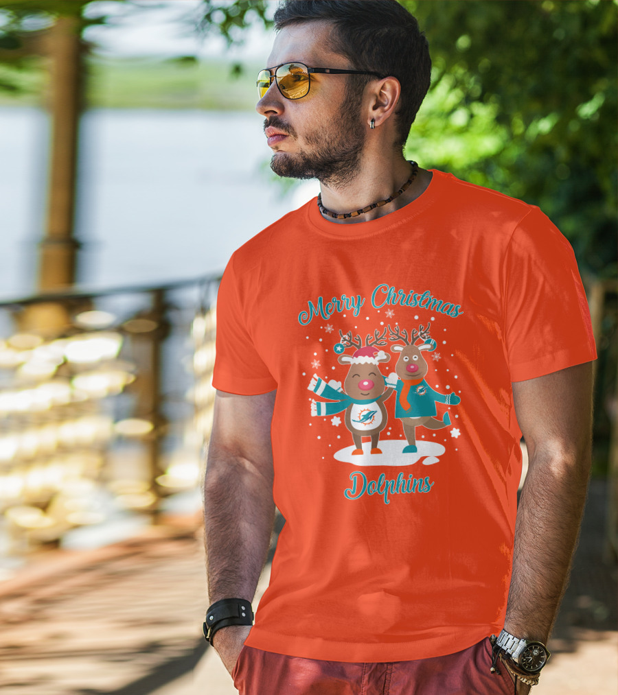 Merry Christmas Dolphins Reindeer Snowflakes T-Shirt
