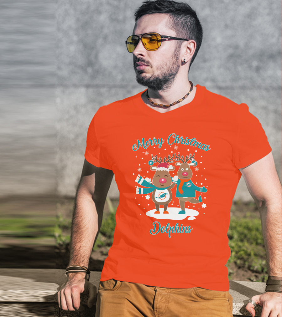 Merry Christmas Dolphins Reindeer Snowflakes T-Shirt
