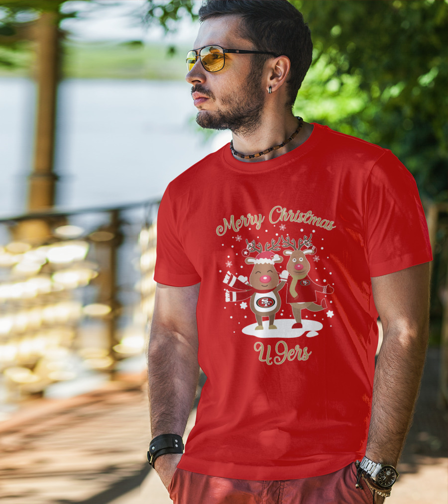 Merry Christmas 49ers Reindeer Festive Holiday T-Shirt