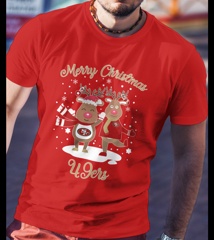 Merry Christmas 49ers Reindeer Festive Holiday T-Shirt