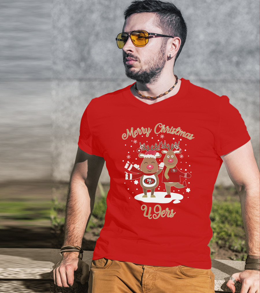 Merry Christmas 49ers Reindeer Festive Holiday T-Shirt