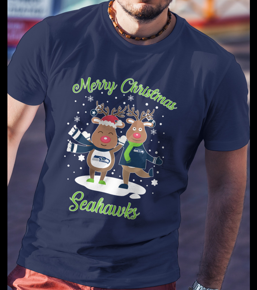 Merry Christmas Seattle Seahawks Reindeer Sweater Festive T-Shirt