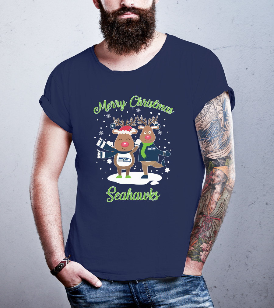 Merry Christmas Seattle Seahawks Reindeer Sweater Festive T-Shirt