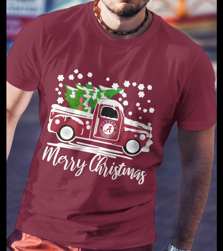 Merry Christmas Alabama Crimson Tide Vintage Truck Snowy Tree T-Shirt