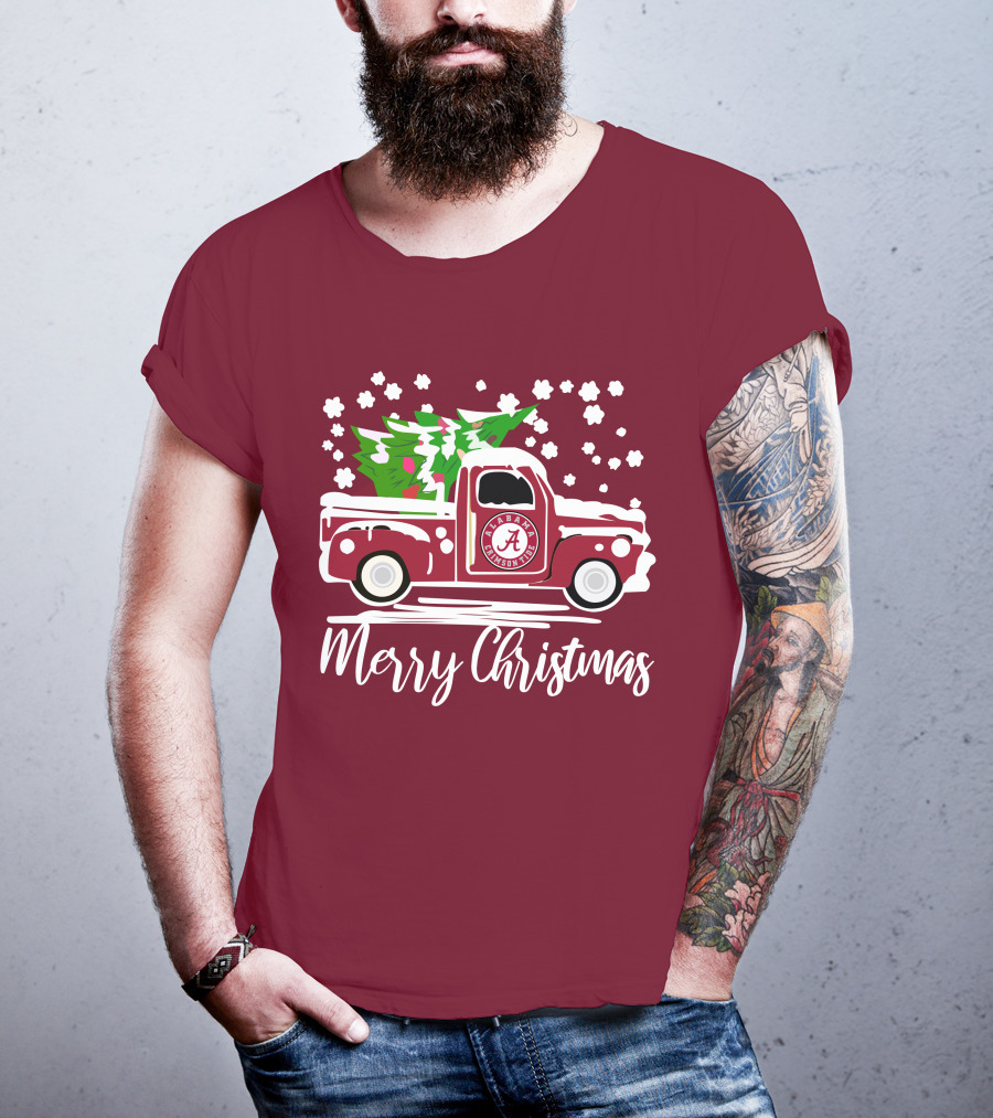 Merry Christmas Alabama Crimson Tide Vintage Truck Snowy Tree T-Shirt
