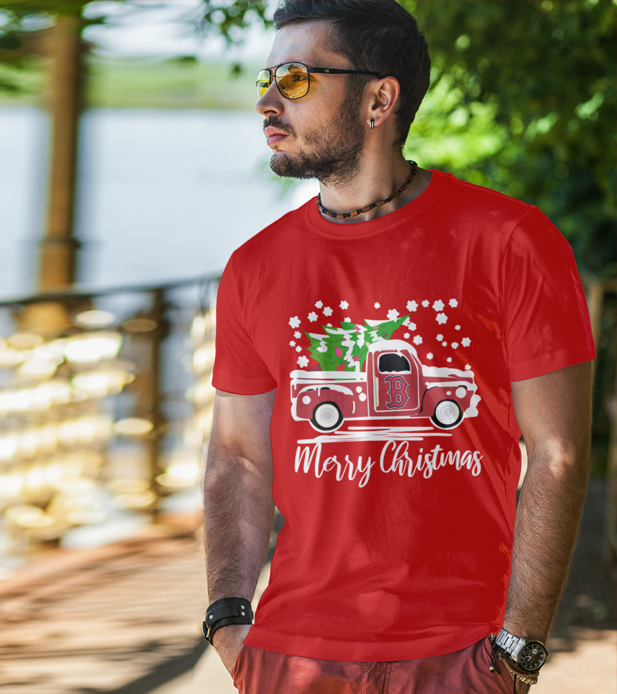 Boston Red Sox B Vintage Car Merry Christmas Tree Snowflakes T-Shirt
