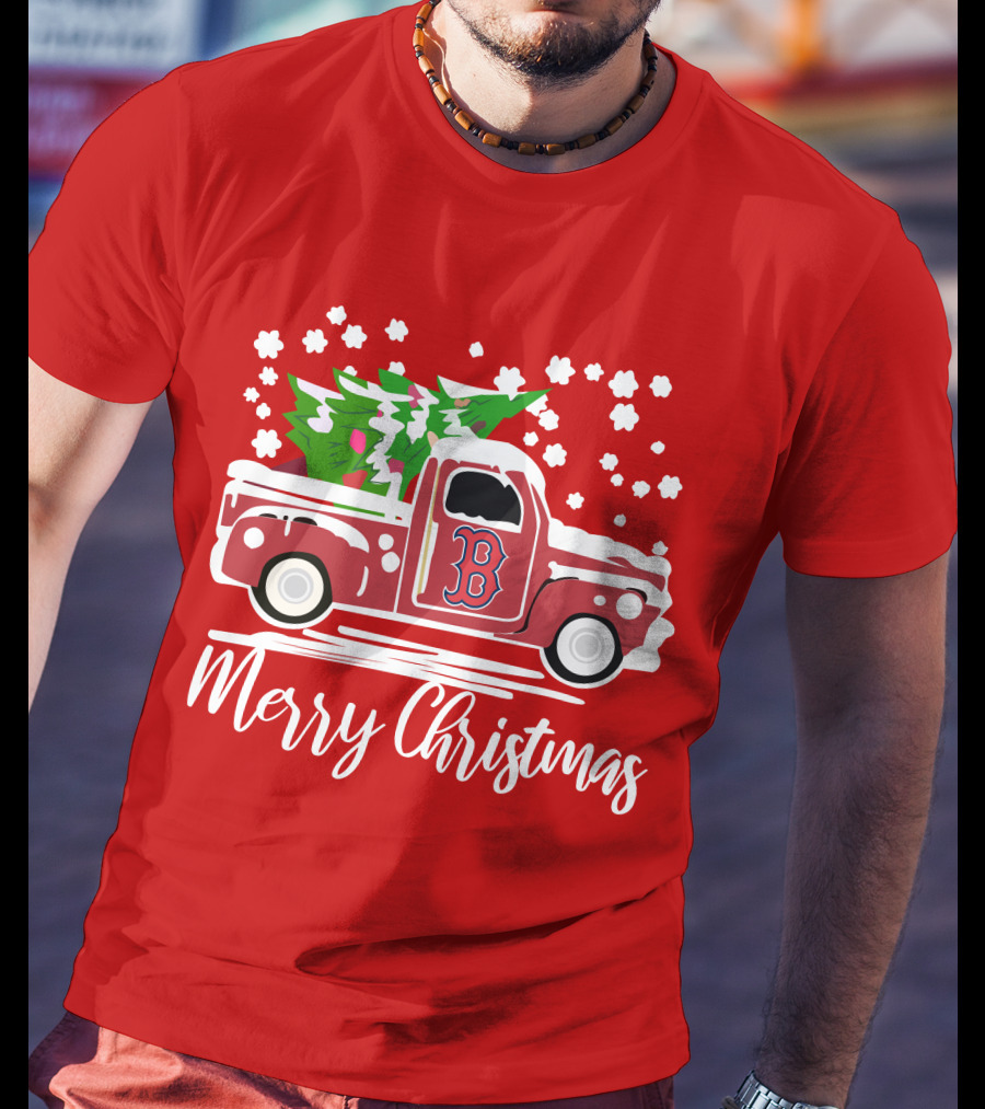 Boston Red Sox B Vintage Car Merry Christmas Tree Snowflakes T-Shirt