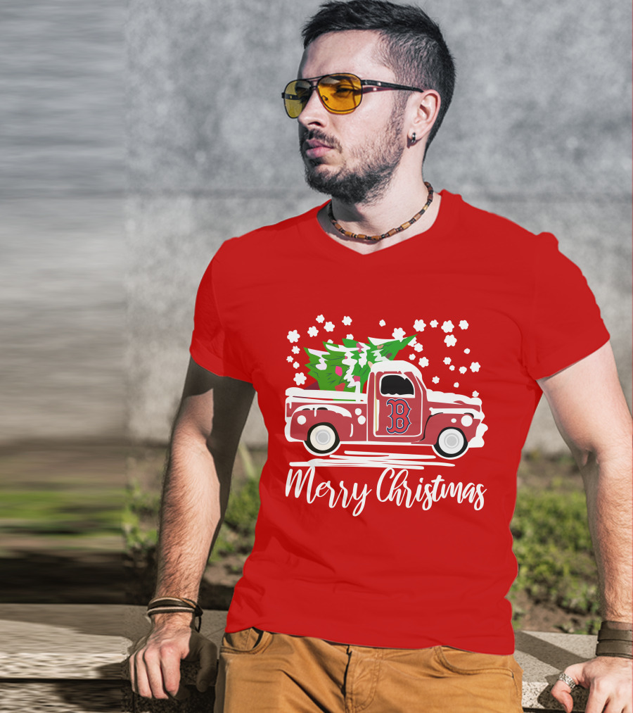 Boston Red Sox B Vintage Car Merry Christmas Tree Snowflakes T-Shirt