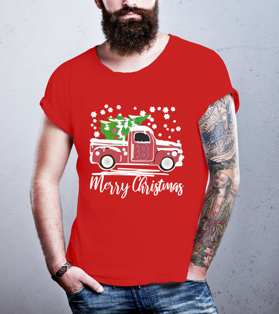 Boston Red Sox B Vintage Car Merry Christmas Tree Snowflakes T-Shirt