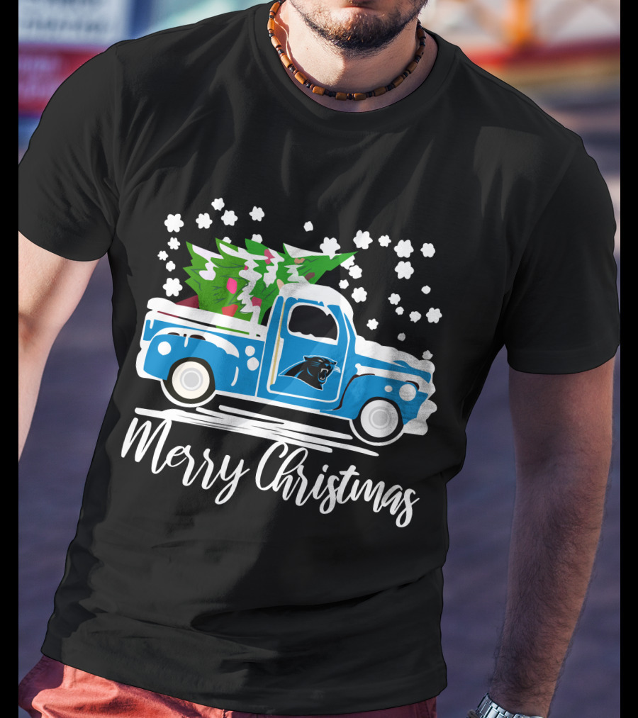 Carolina Panthers Vintage Truck Merry Christmas Snowflakes Tree T-Shirt