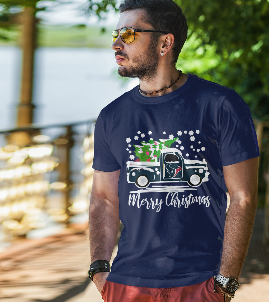 Houston Texans Merry Christmas Vintage Car With Christmas Tree T-Shirt