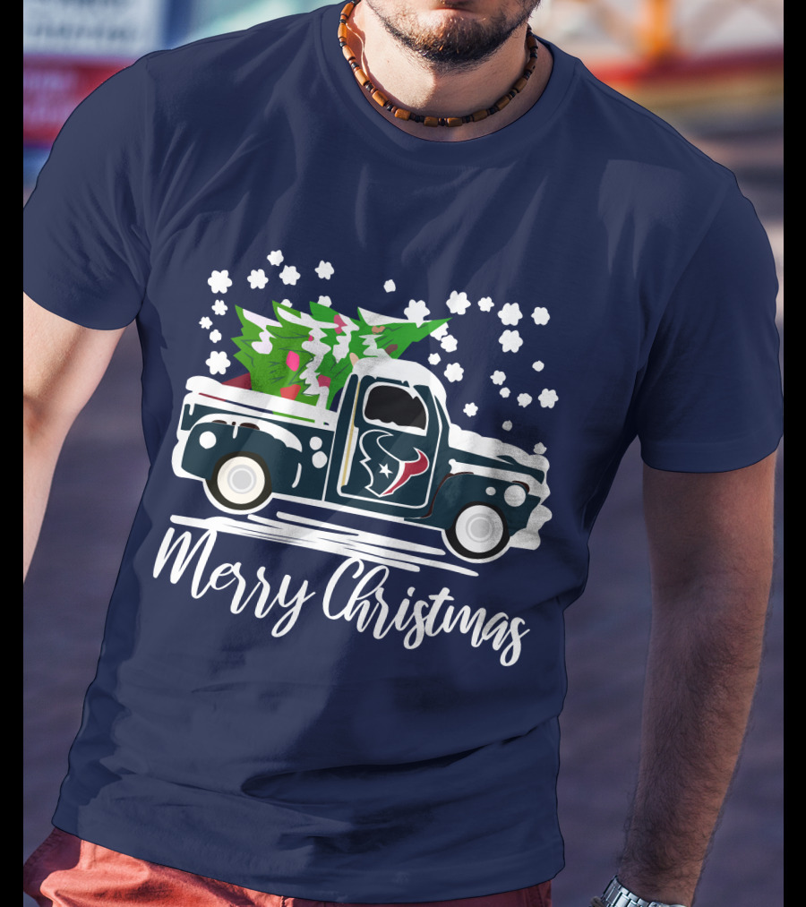 Houston Texans Merry Christmas Vintage Car With Christmas Tree T-Shirt
