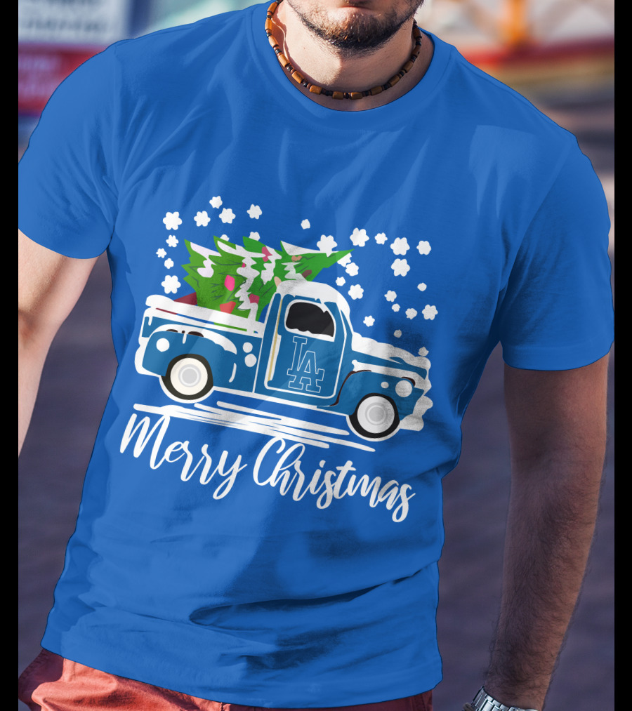 Los Angeles Dodgers LA Vintage Car Merry Christmas Snowflakes Tree T-Shirt
