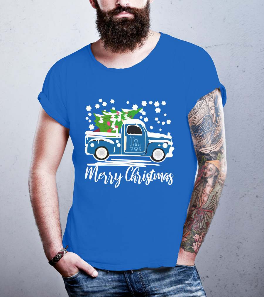Los Angeles Dodgers LA Vintage Car Merry Christmas Snowflakes Tree T-Shirt