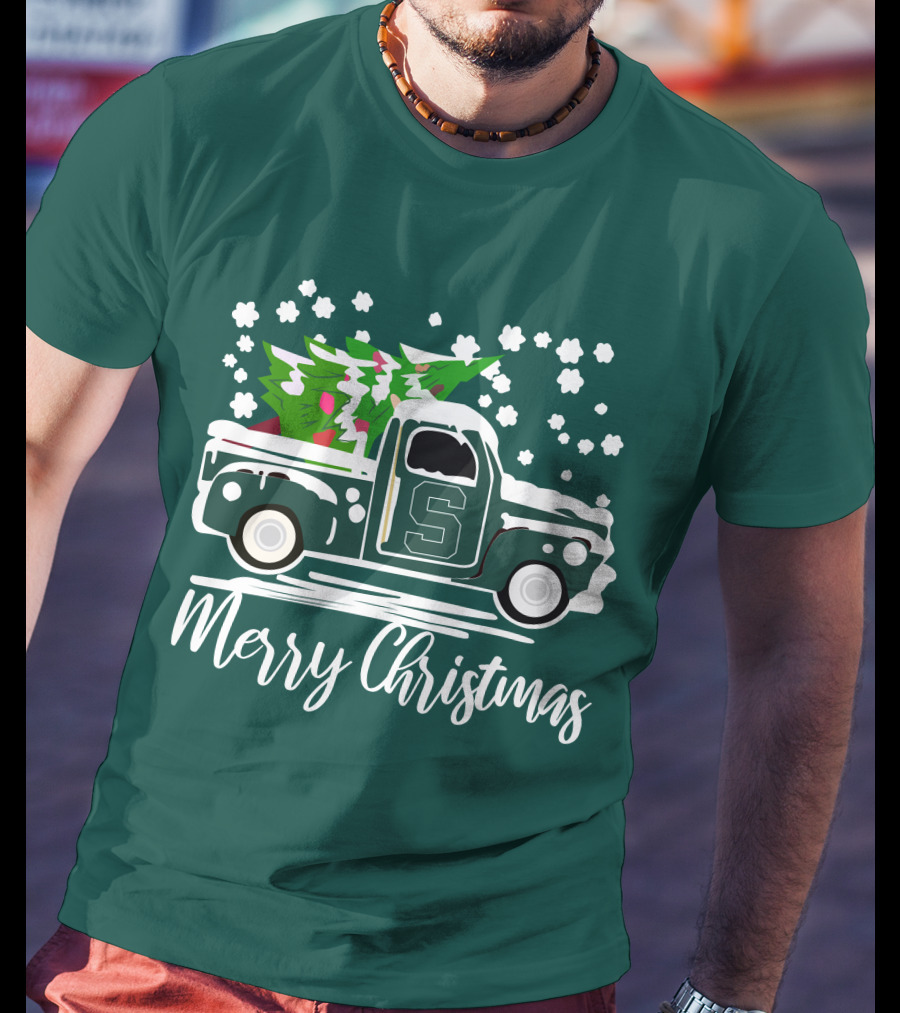 Merry Christmas Michigan State Spartans Vintage Car With Christmas Tree T-Shirt