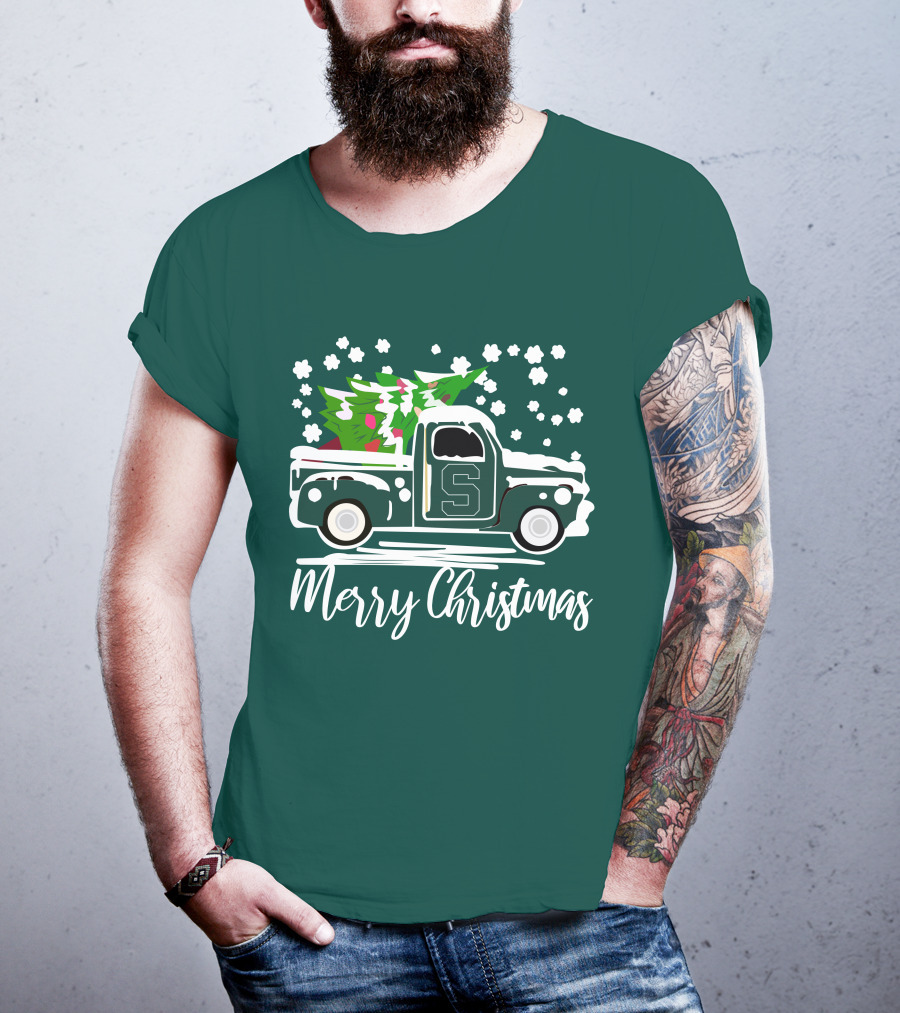 Merry Christmas Michigan State Spartans Vintage Car With Christmas Tree T-Shirt