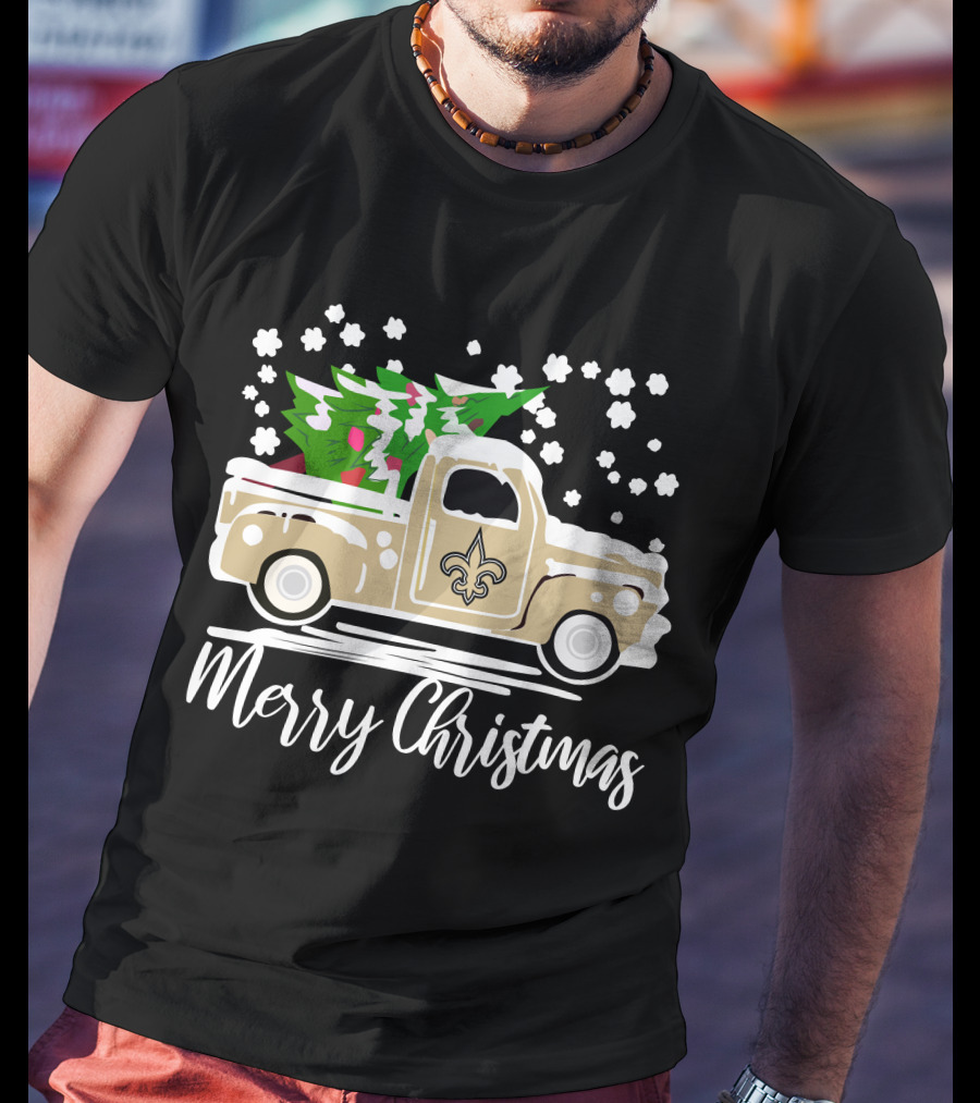 New Orleans Saints Vintage Car Merry Christmas Tree Snowflakes T-Shirt