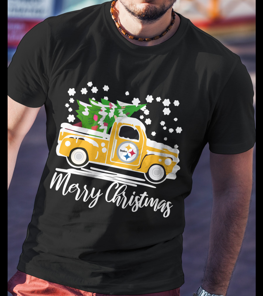 Pittsburgh Steelers Merry Christmas Vintage Car With Christmas Tree T-Shirt