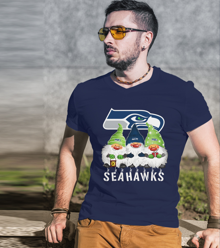 Seattle Seahawks Merry Christmas Happy Holidays Gnomes T-Shirt
