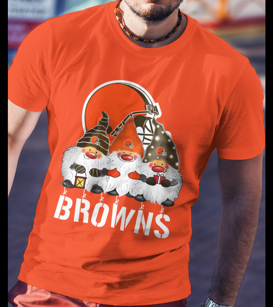 Cleveland Browns Merry Christmas Happy Holidays With Gnome Trio And Football Helmets T-Shirt